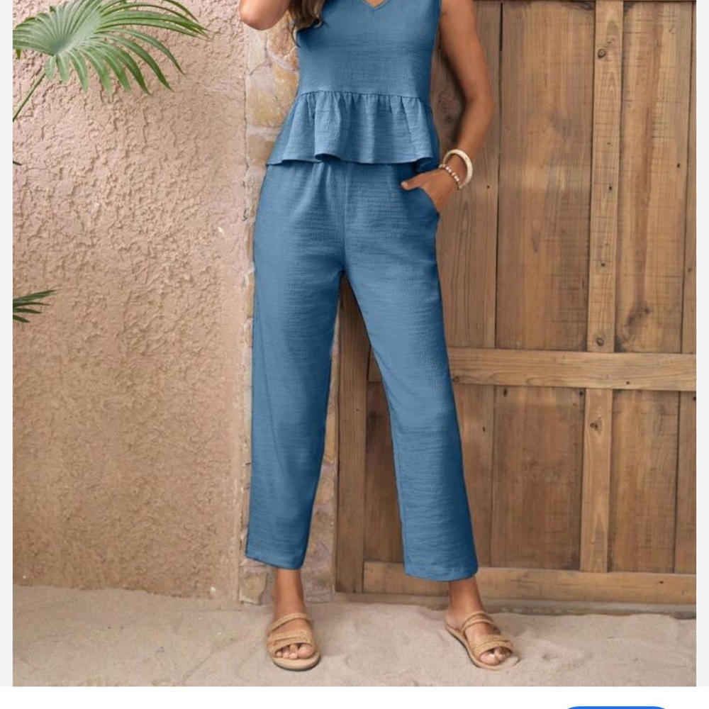 Blue Wide-Leg Pant with Peplum Detail Top. Two piece set